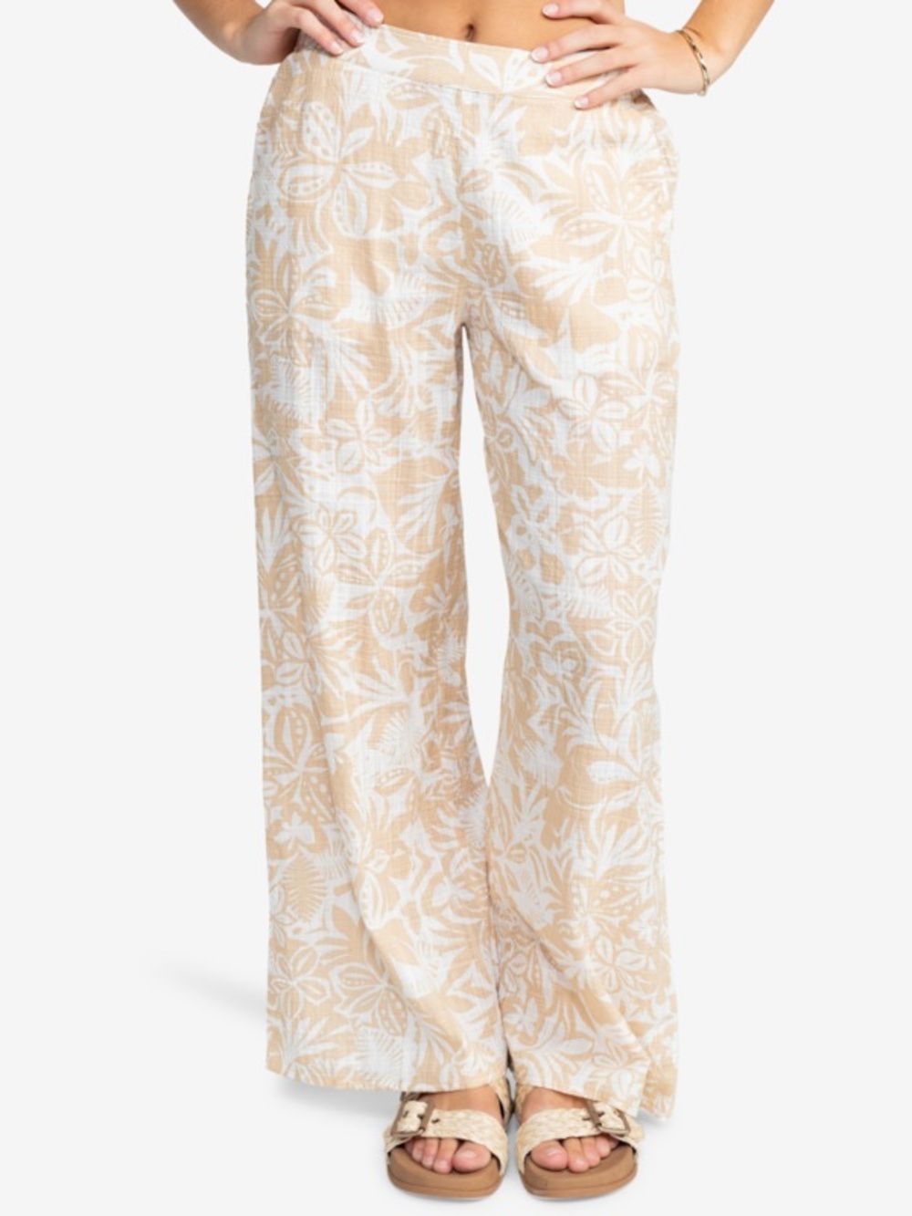 Roxy Beige and White Floral Wide-Leg Pants 100% Linen Size Large